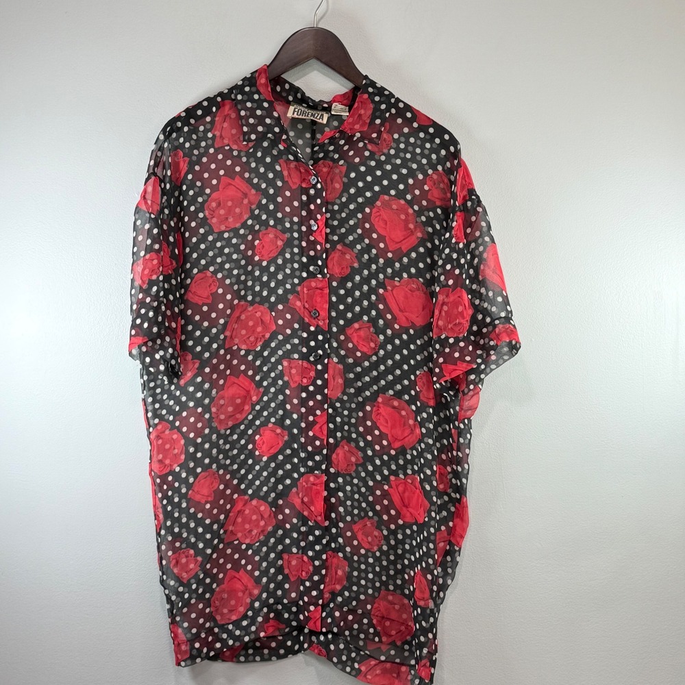 Forenza Vintage Sheer Rose Polka Dot Chiffon Button Black Red XL rockabilly